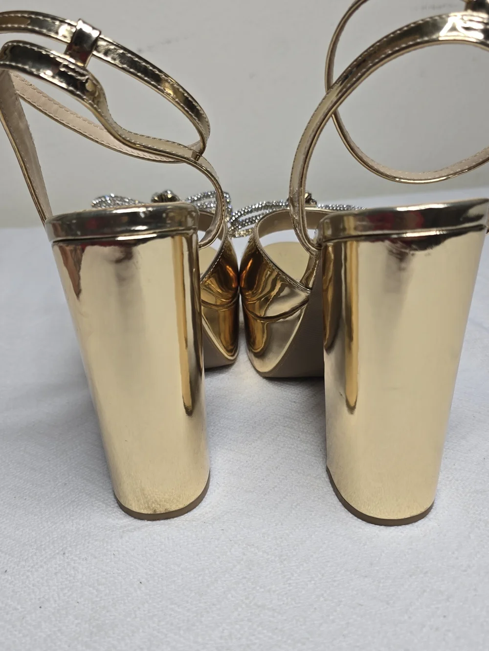 Gold Platform Sandals with Crystal Bow Accent